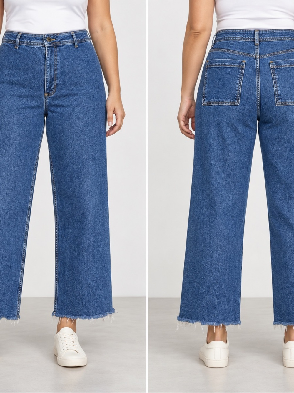 ZARA Jeans Womens US 12 Blue High Rise Wide Leg Raw Frayed Hem Stretch Denim